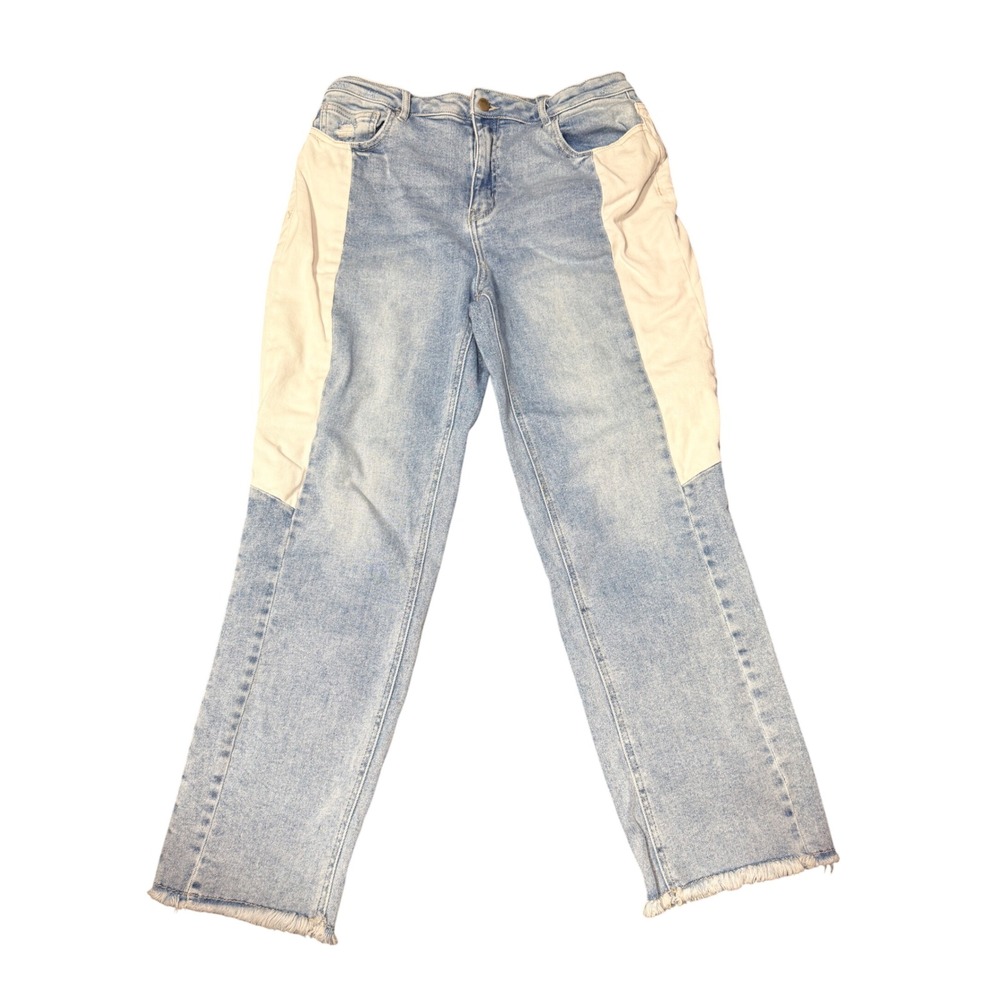 Straight Leg Jeans Contrast Side Panel Raw Hem Mid Rise 12 Versona
